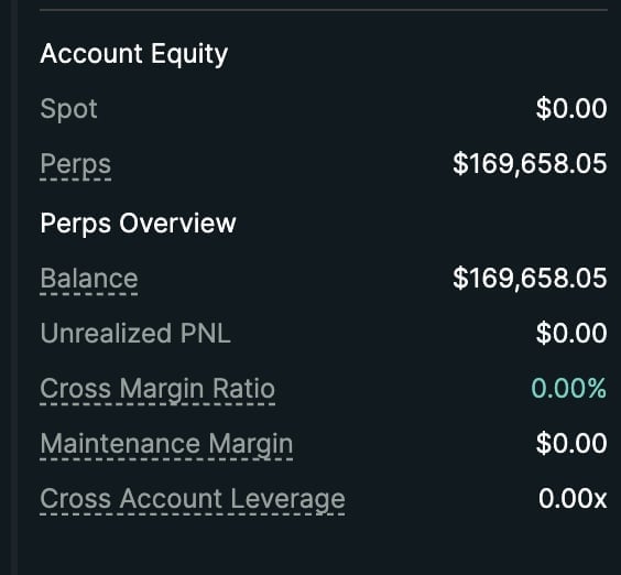 Account Equity dashboard showing spot balance of $0.00, perps balance of $169,658.05, and zero leverage metrics