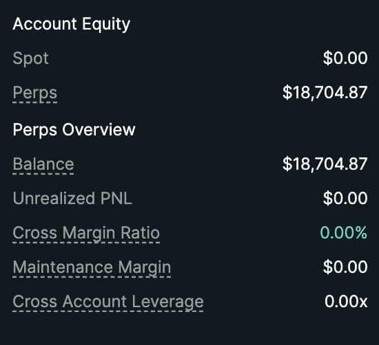 Account Equity dashboard showing spot balance of $0.00, perps balance of $18,704.87, and related financial metrics