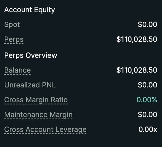 Account Equity dashboard showing spot balance of $0.00, perps balance of $110,028.50, and unrealized PNL of $0.00