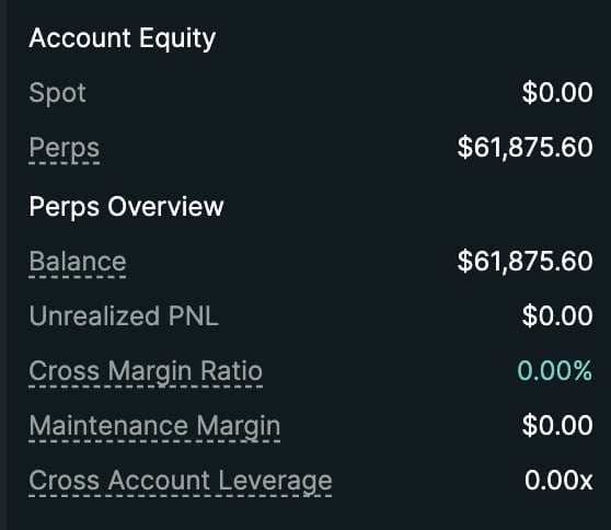 Account Equity summary showing Spot $0.00, Perps $61,875.60 balance, Unrealized PNL $0.00, and Cross Margin Ratio 0.00%