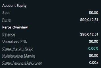 Account Equity summary showing Spot at $0.00, Perps at $90,042.51, Balance at $90,042.51, and various margin metrics
