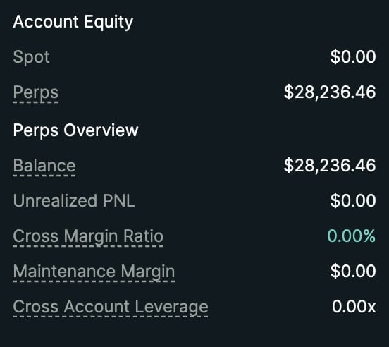 Account Equity breakdown showing Spot $0.00, Perps $28,236.46, Balance $28,236.46, Unrealized PNL $0.00, Cross Margin Ratio 0.00%, Maintenance Margin $0.00, and Cross Account Leverage 0.00x