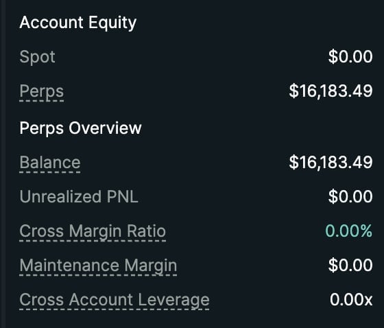 Account Equity dashboard showing spot balance of $0.00, perps balance of $16,183.49, and related margin metrics on dark background