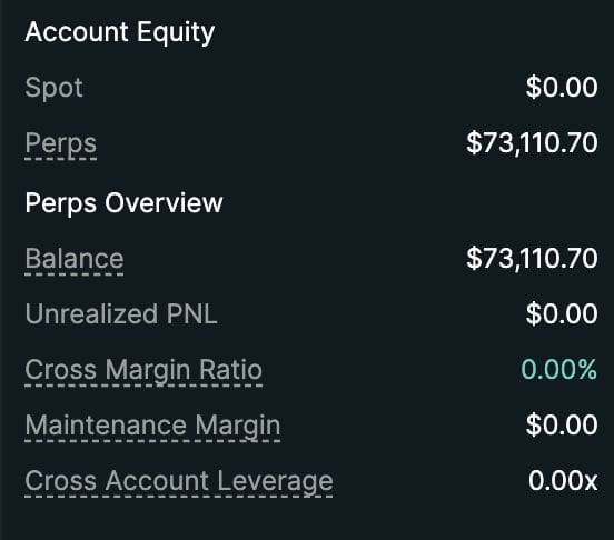 Account Equity breakdown showing Spot $0.00, Perps $73,110.70, Balance $73,110.70, Unrealized PNL $0.00, Cross Margin Ratio 0.00%, Maintenance Margin $0.00, and Cross Account Leverage 0.00x