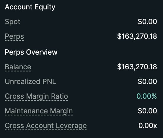 Account Equity dashboard showing spot balance of $0.00, perps of $163,270.18, and trading metrics including cross margin ratio 0.00% and cross account leverage 0.00x