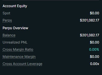 Account Equity dashboard showing trading metrics including Spot balance at $0.00, Perps balance at $201,082.17, and various margin ratios