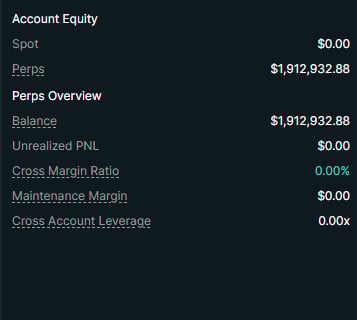 Account Equity trading dashboard showing spot balance at $0.00 and perpetual futures position of $1,912,932.88 with zero unrealized PNL