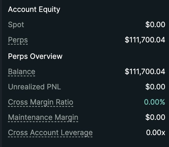 Account Equity dashboard showing spot and perpetual positions with balance of $111,700.04 and margin metrics