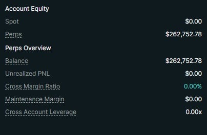 Account Equity table showing Spot balance of $0.00, Perps balance of $262,752.78, with Gross Margin Ratio of 0.00% and Cross Account Leverage of 0.00x