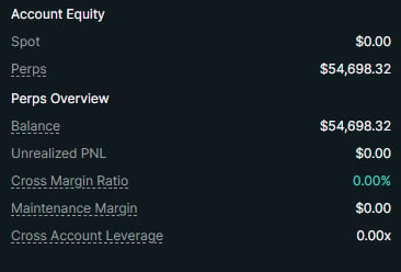 Account equity summary showing spot value of $0.00, perps balance of $54,698.32, and maintenance margin details