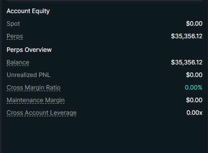 Account Equity dashboard showing spot position at $0.00, perpetual futures balance of $35,356.12, and key metrics including 0.00% gross margin ratio and 0.00x account leverage.