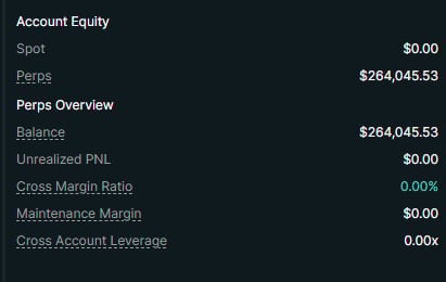 Account Equity dashboard showing portfolio metrics including perps at $264,045.53, balance, unrealized PNL, and margin ratios