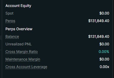 Account Equity summary showing Spot at $0.00, Perps at $131,849.40, Balance at $131,849.40, and trading metrics on dark background