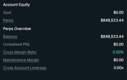 Account Equity dashboard showing spot balance of $0.00, perps value of $848,523.44, gross margin ratio 0.00%, and cross account leverage 0.00x
