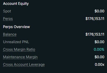 Account Equity summary showing Spot at $0.00, Perps at $176,153.11, and various other account metrics