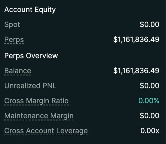 Account Equity overview showing $1,161,836.49 in perps balance with $0.00 spot, unrealized PNL, and maintenance margin