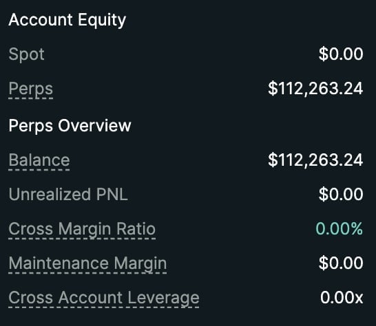 Account Equity dashboard showing $112,263.24 in perps balance with zero spot holdings and 0% cross margin ratio