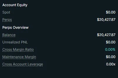 Account Equity summary showing Perps value of $20,427.87, Balance, Unrealized PNL, Cross Margin Ratio, Maintenance Margin, and Cross Account Leverage details
